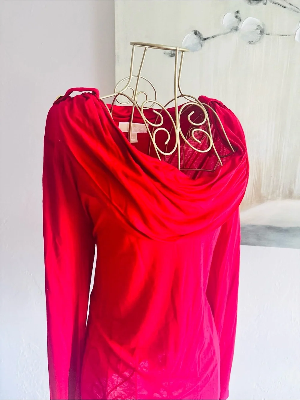 Michael Michael Kors Red Cowl Neck Gold Button Long Sleeve Top Size Large